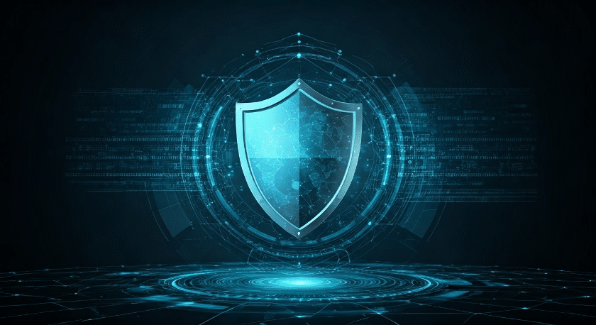 A blue shield showcases that penetration testing is away to upgrade your organization's security.